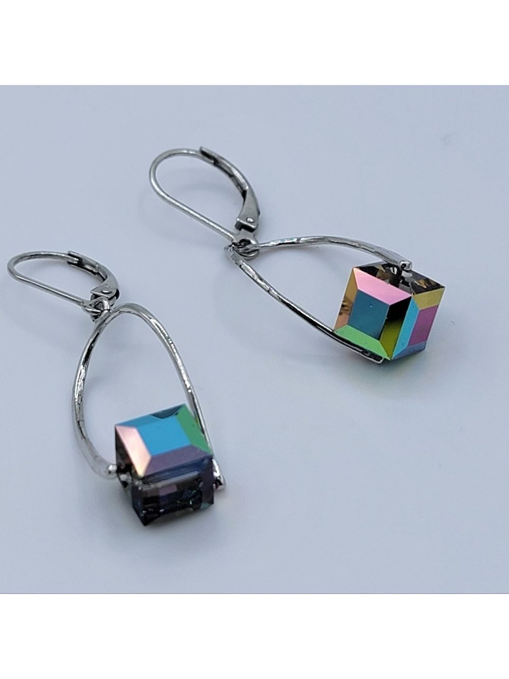 Silver Earrings With Crystal Cube #2807